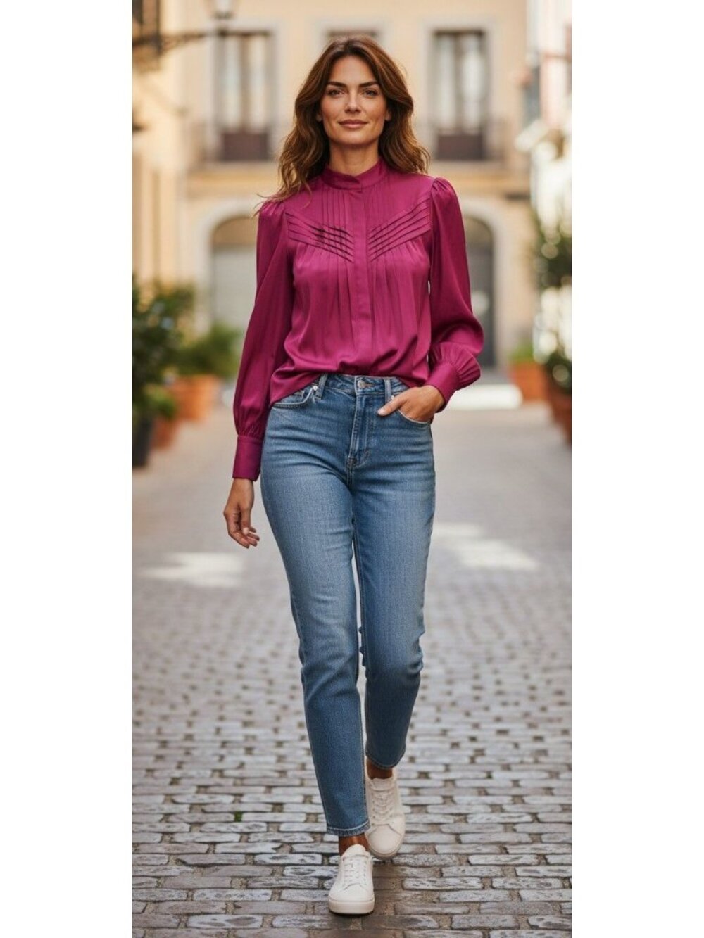 Louis Feraud Paris Womens Pleated Detail Red Long Sleeve Button-Up Blouse Sz 36